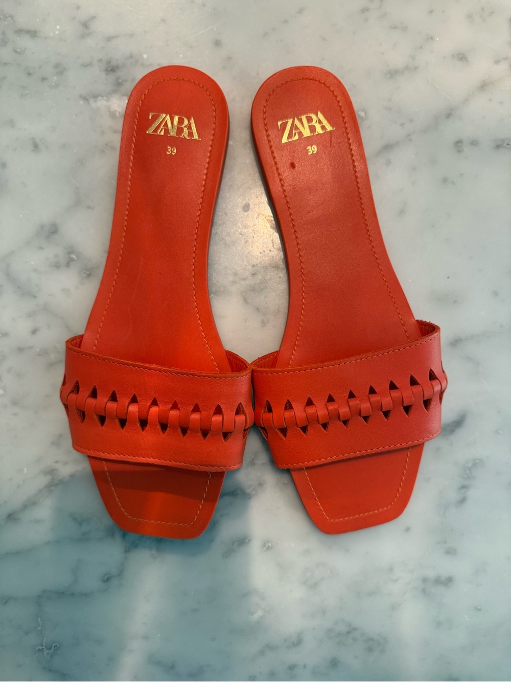 Zara Orange Leather Slide Sandals with Woven Strap